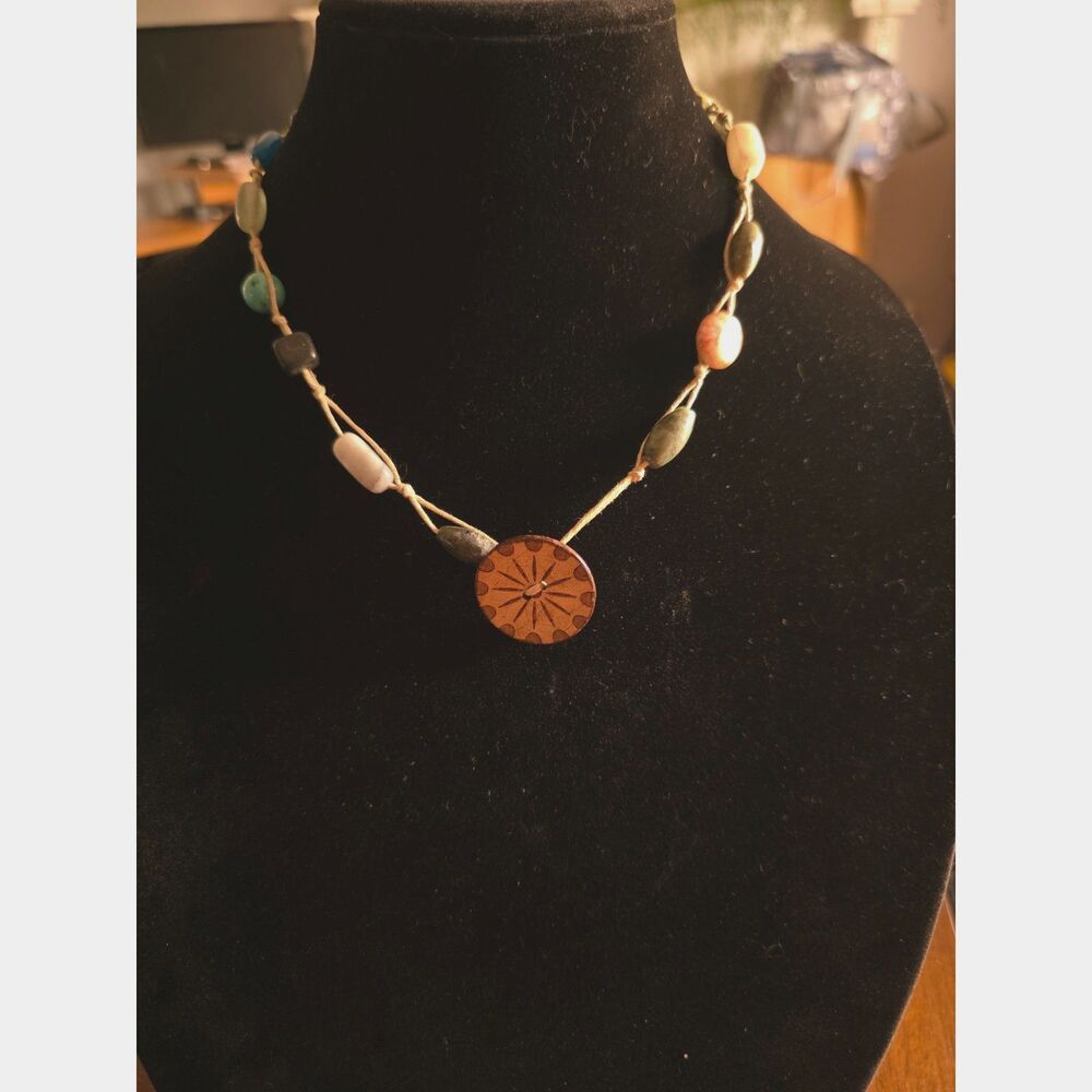 Handmade Wooden Pendant Necklace with Real Stones